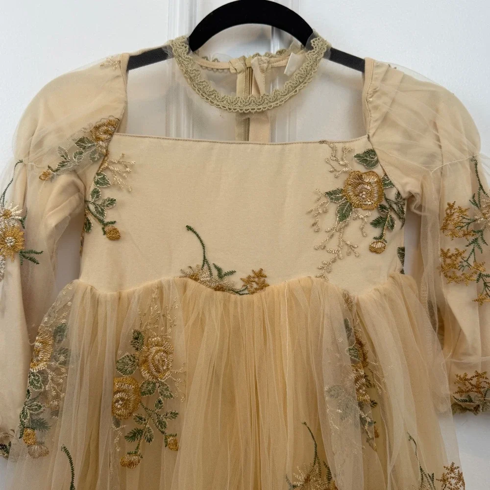 Girls Champagne Floral Embroidered Tulle Party‎ Dress Illusion Neckline Formal
